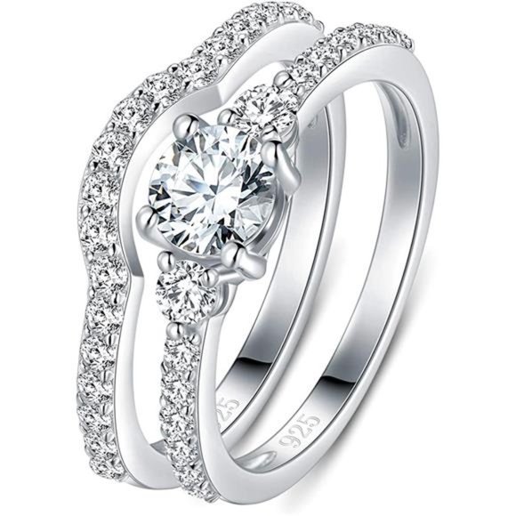 Sterling Silver CZ Wedding Band Set, 2pc Stackable Ring - Picture 2 of 2